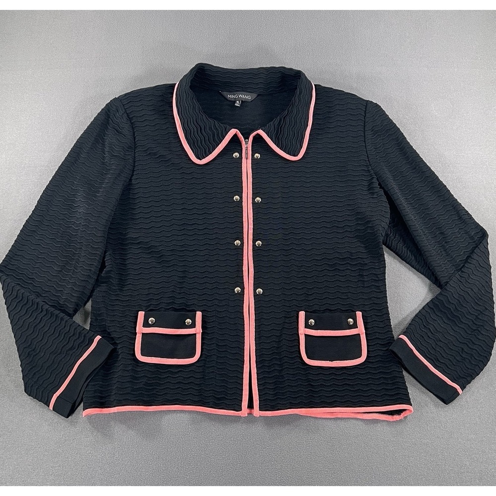 Ming Wang Knit Blazer Jacket XL Black & Pink Trim Office Travel Gold Buttons